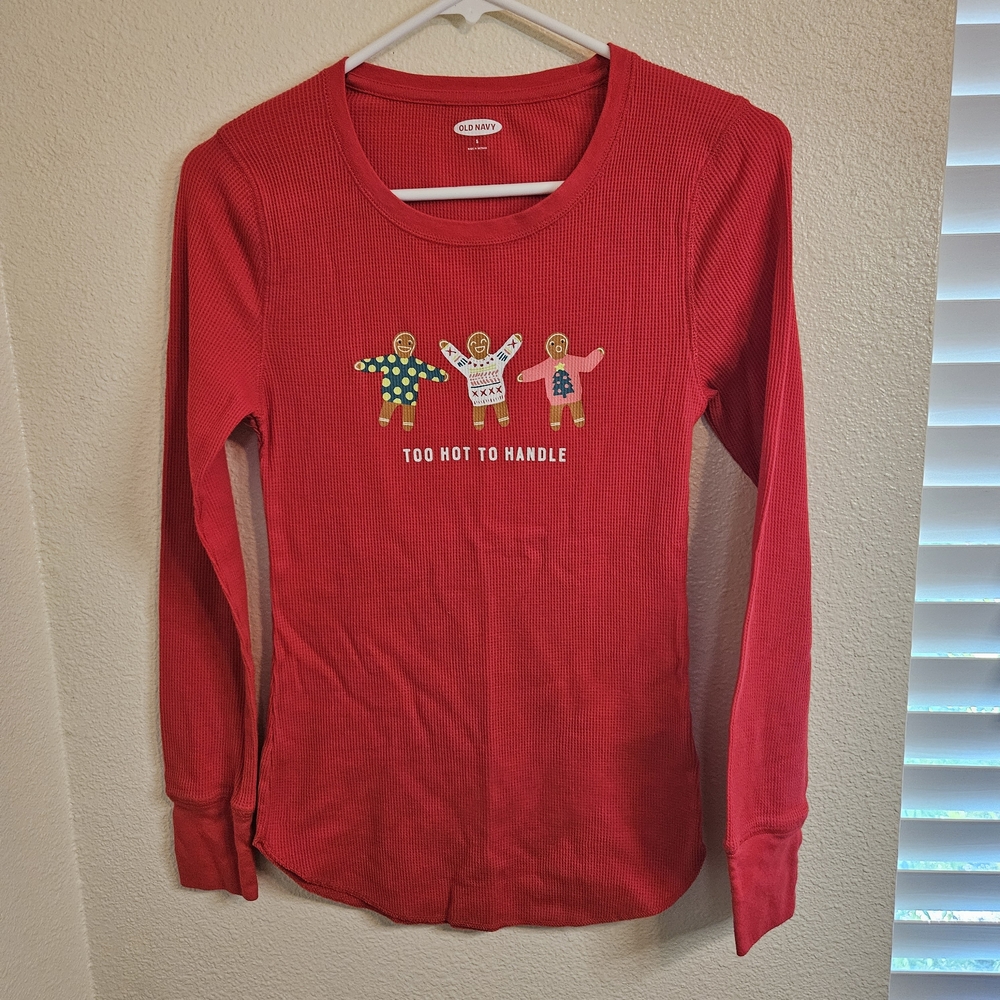 Old Navy Red Long-Sleeve Ribbed Tee with Gingerbread Graphic